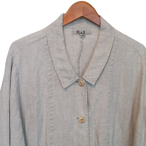Flax 100% Linen Lagenlook Button Up Collared Shirt Jacket Tan Size 18 - Picture 2 of 10